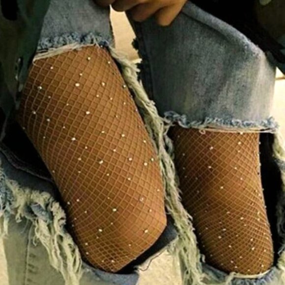 Nude Rhinestone Mesh Fishnet Tights Pantyhose - Picture 4 of 6